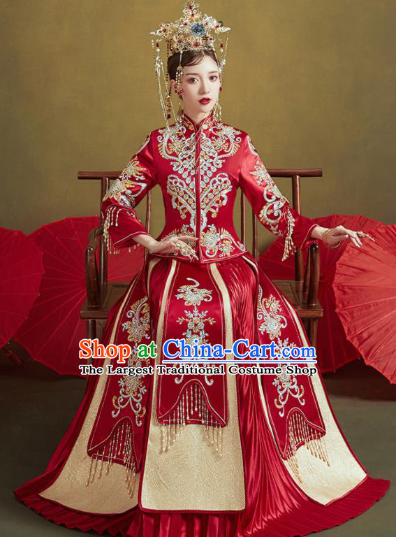 Chinese Traditional Embroidered Wedding Red Xiu He Suit Blouse and Tassel Dress Ancient Bride Costumes for Women