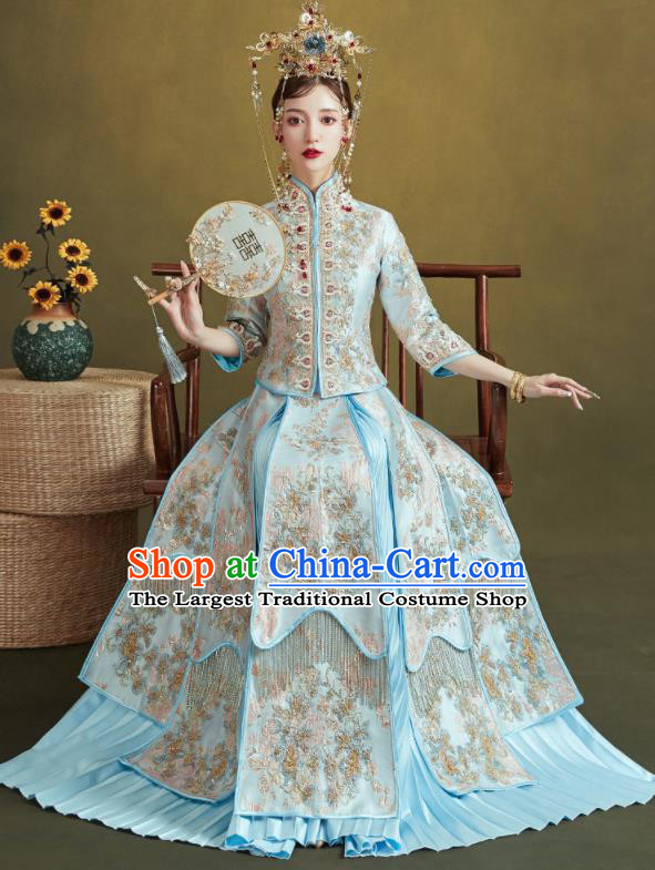 Chinese Traditional Embroidered Wedding Blue Xiu He Suit Blouse and Tassel Dress Ancient Bride Costumes for Women