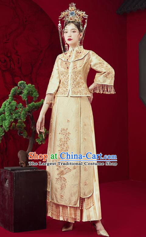 Chinese Traditional Embroidered Golden Wedding Xiu He Suit Blouse and Dress Ancient Bride Costumes for Women