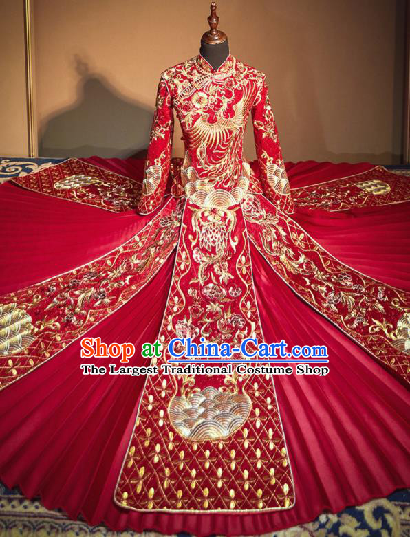 Chinese Traditional Embroidered Phoenix Peony Wedding Xiu He Suit Red Blouse and Dress Ancient Bride Costumes for Women