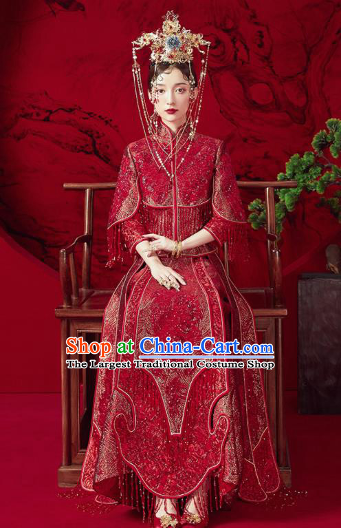 Chinese Traditional Red Tassel Wedding Xiu He Suit Blouse and Dress Ancient Bride Costumes for Women