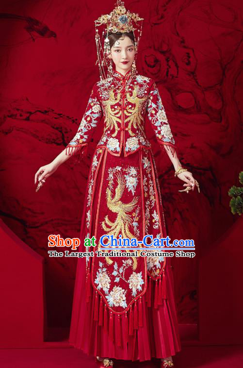 Chinese Traditional Wedding Embroidered Phoenix Peony Xiu He Suit Blouse and Dress Ancient Bride Costumes for Women