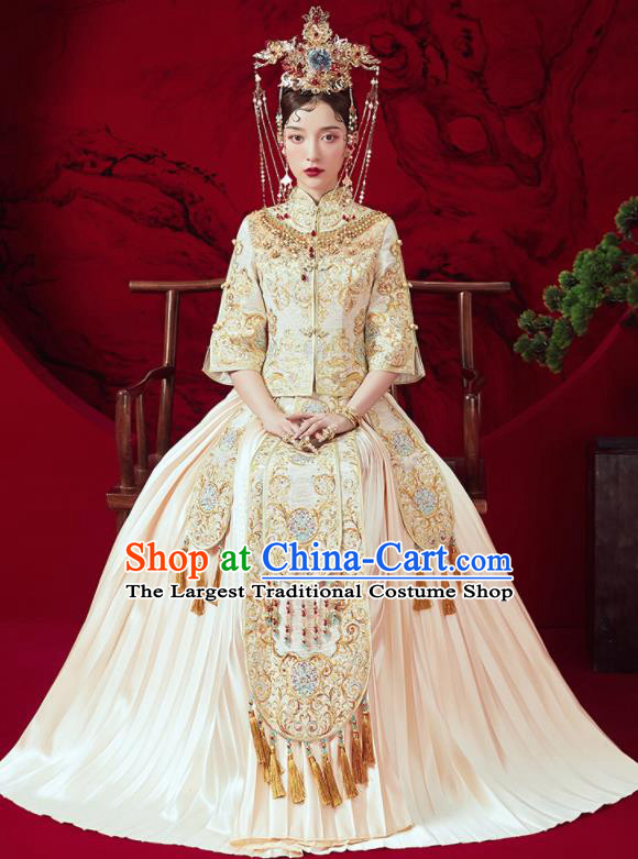 Chinese Traditional Wedding Embroidered Beige Xiu He Suit Blouse and Dress Ancient Bride Costumes for Women