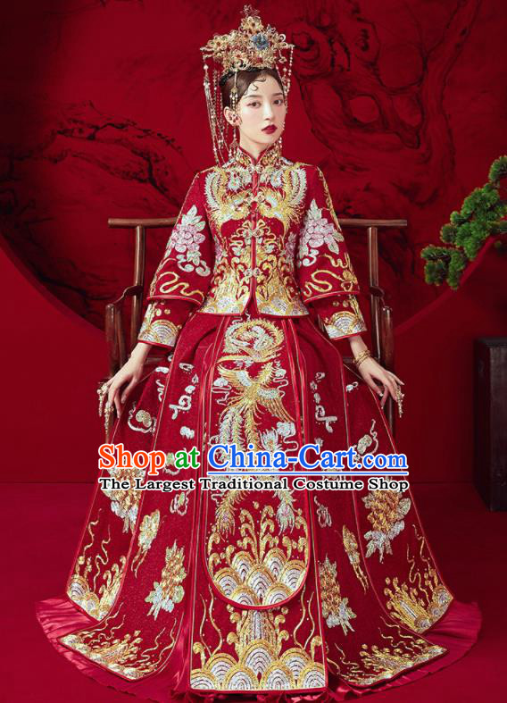 Chinese Traditional Wedding Embroidered Phoenix Xiu He Suit Blouse and Dress Ancient Bride Costumes for Women