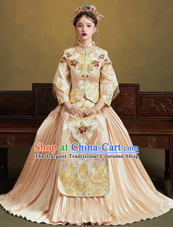 Chinese Traditional Wedding Light Golden Xiu He Suit Embroidered Peony Blouse and Dress Ancient Bride Costumes for Women