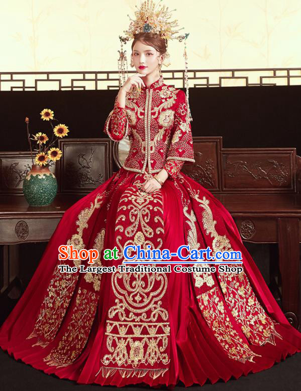 Chinese Traditional Wedding Drilling Bottom Drawer Xiu He Suit Embroidered Red Blouse and Dress Ancient Bride Costumes for Women