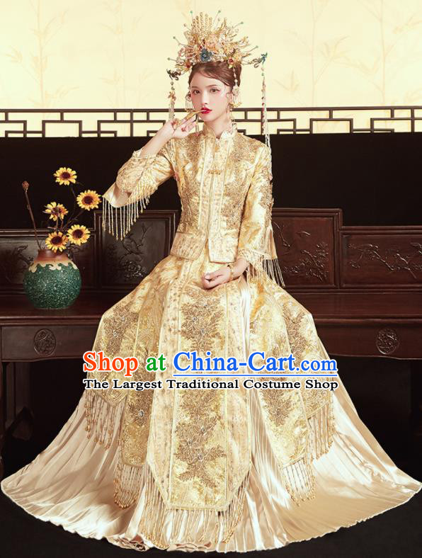 Chinese Traditional Wedding Bottom Drawer Golden Xiu He Suit Embroidered Red Blouse and Dress Ancient Bride Costumes for Women