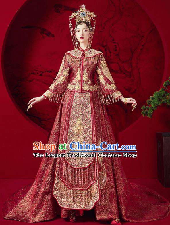 Chinese Traditional Wedding Red Trailing Xiu He Suit Embroidered Blouse and Dress Ancient Bride Costumes for Women