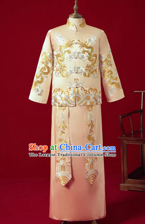 Chinese Ancient Bridegroom Embroidered Dragon Golden Mandarin Jacket and Long Gown Traditional Wedding Tang Suit Costumes for Men