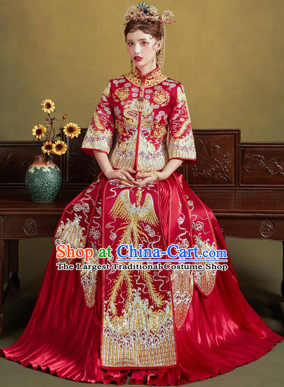 Chinese Traditional Embroidered Phoenix Red Blouse and Dress Wedding Bottom Drawer Xiu He Suit Ancient Bride Costumes for Women