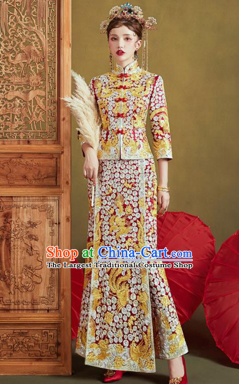 Chinese Traditional Embroidered Phoenix Blouse and Slim Dress Wedding Bottom Drawer Xiu He Suit Ancient Bride Costumes for Women