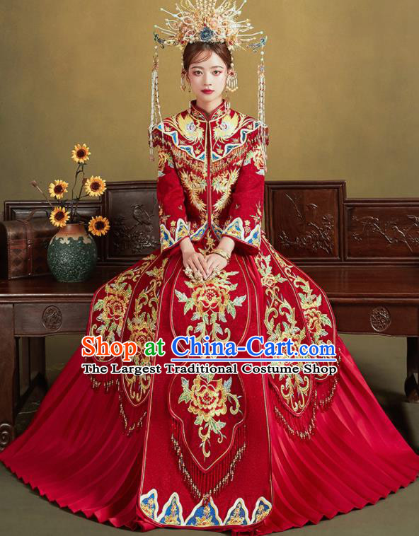 Chinese Traditional Wedding Red Xiu He Suit Embroidered Peony Blouse and Dress Ancient Bride Costumes for Women