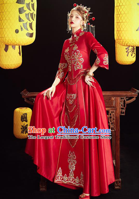 Chinese Traditional Wedding Embroidered Drilling Blouse and Dress Red Bottom Drawer Xiu He Suit Ancient Bride Costumes for Women