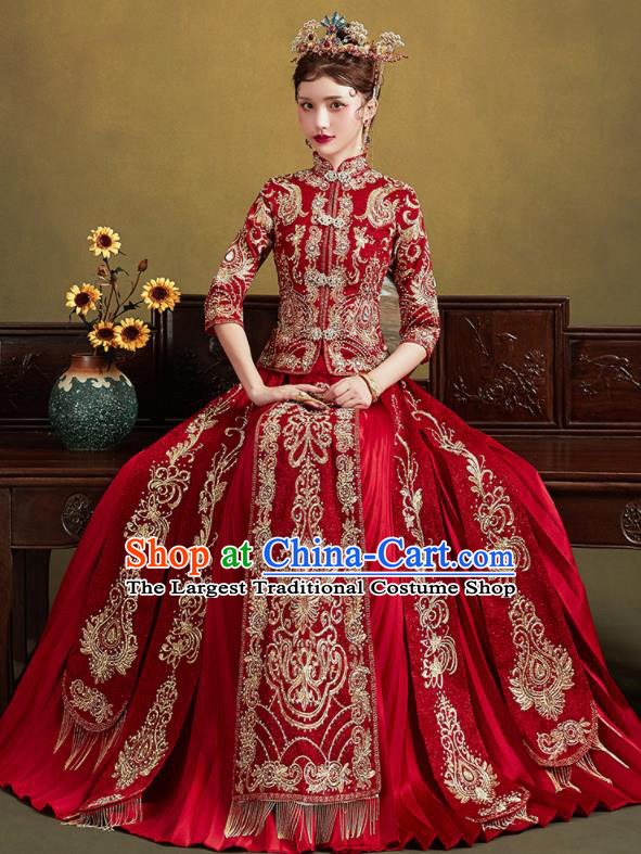 Chinese Traditional Wedding Drilling Embroidered Blouse and Dress Red Bottom Drawer Xiu He Suit Ancient Bride Costumes for Women