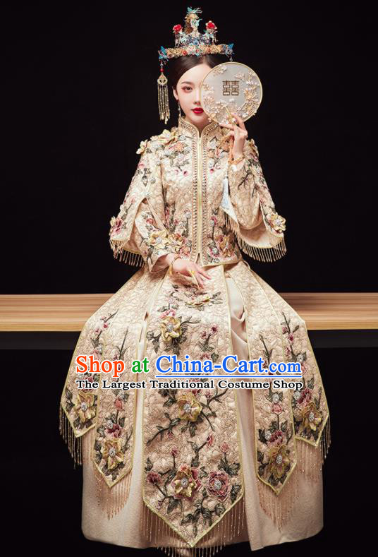 Chinese Traditional Wedding Embroidered Flowers Beige Blouse and Dress Xiu He Suit Red Bottom Drawer Ancient Bride Costumes for Women