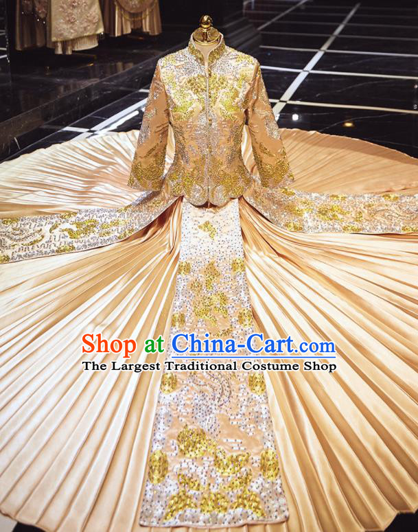 Chinese Traditional Wedding Embroidered Drilling Champagne Blouse and Dress Xiu He Suit Red Bottom Drawer Ancient Bride Costumes for Women