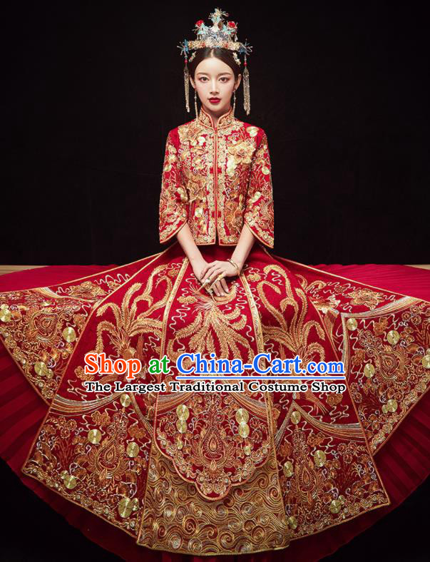 Chinese Traditional Wedding Embroidered Phoenix Slim Blouse and Dress Xiu He Suit Red Bottom Drawer Ancient Bride Costumes for Women