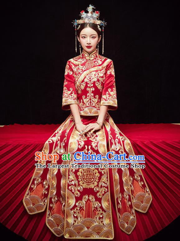 Chinese Traditional Wedding Embroidered Red Slim Blouse and Dress Xiu He Suit Red Bottom Drawer Ancient Bride Costumes for Women