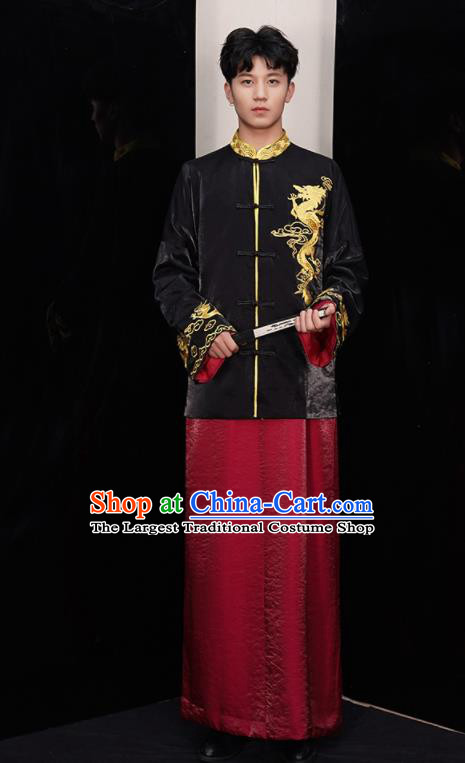 Chinese Ancient Bridegroom Embroidered Black Mandarin Jacket and Red Gown Traditional Wedding Tang Suit Costumes for Men