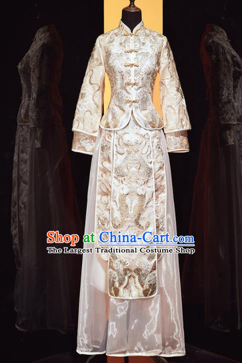 Chinese Traditional Xiu He Suit Wedding Embroidered Beige Blouse and Dress Bottom Drawer Ancient Bride Costumes for Women