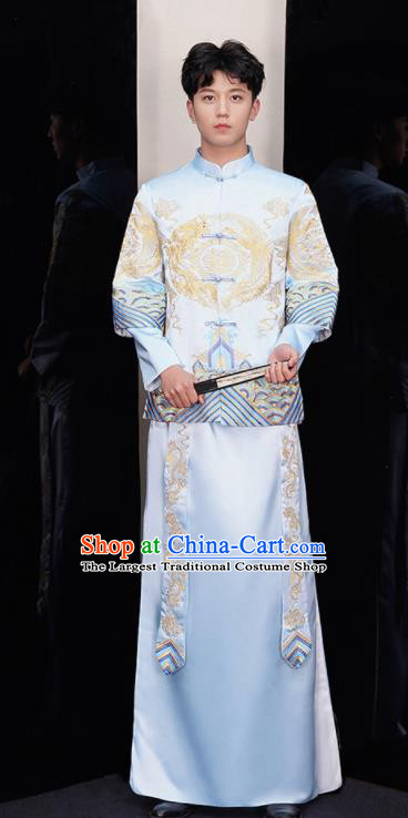 Chinese Ancient Bridegroom Embroidered Light Blue Mandarin Jacket and Red Gown Traditional Wedding Tang Suit Costumes for Men