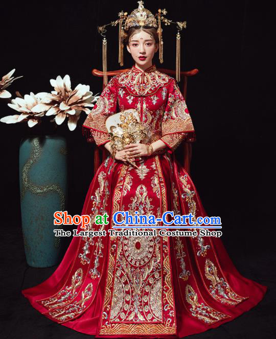 Chinese Traditional Drilling Xiu He Suit Wedding Embroidered Red Blouse and Dress Bottom Drawer Ancient Bride Costumes for Women