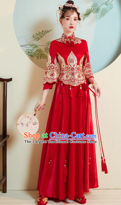 Chinese Traditional Xiu He Suit Wedding Red Blouse and Dress Bottom Drawer Ancient Bride Costumes for Women