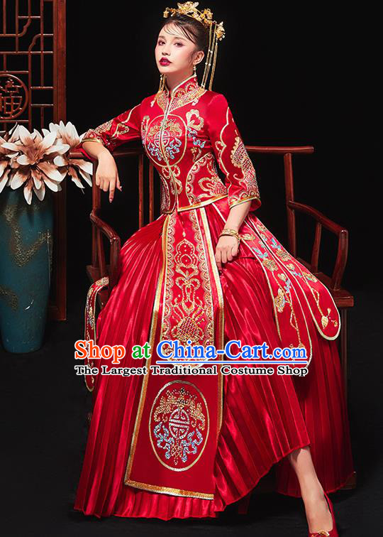 Chinese Traditional Bride Embroidered Drilling Red Xiu He Suit Wedding Blouse and Dress Bottom Drawer Ancient Costumes for Women