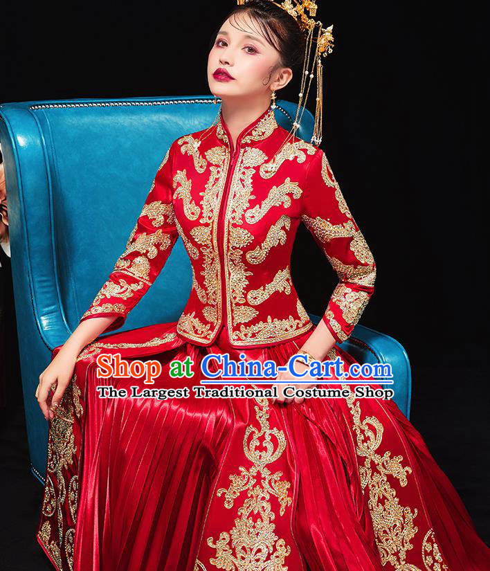 Chinese Traditional Bride Drilling Red Xiu He Suit Wedding Blouse and Dress Bottom Drawer Ancient Costumes for Women