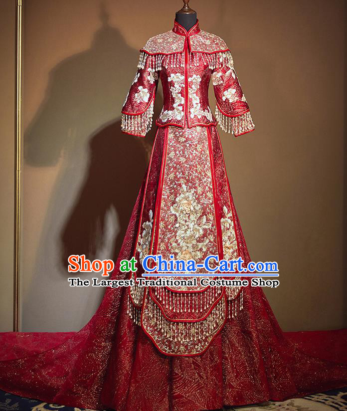 Chinese Traditional Bride Embroidered Red Trailing Xiu He Suit Wedding Blouse and Dress Bottom Drawer Ancient Costumes for Women