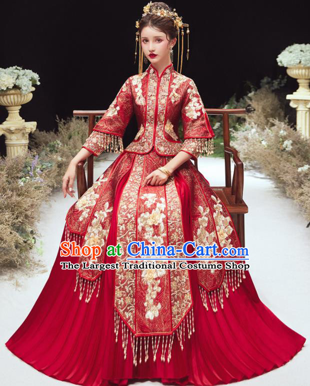 Chinese Traditional Bride Embroidered Xiu He Suit Wedding Blouse and Dress Bottom Drawer Ancient Costumes for Women