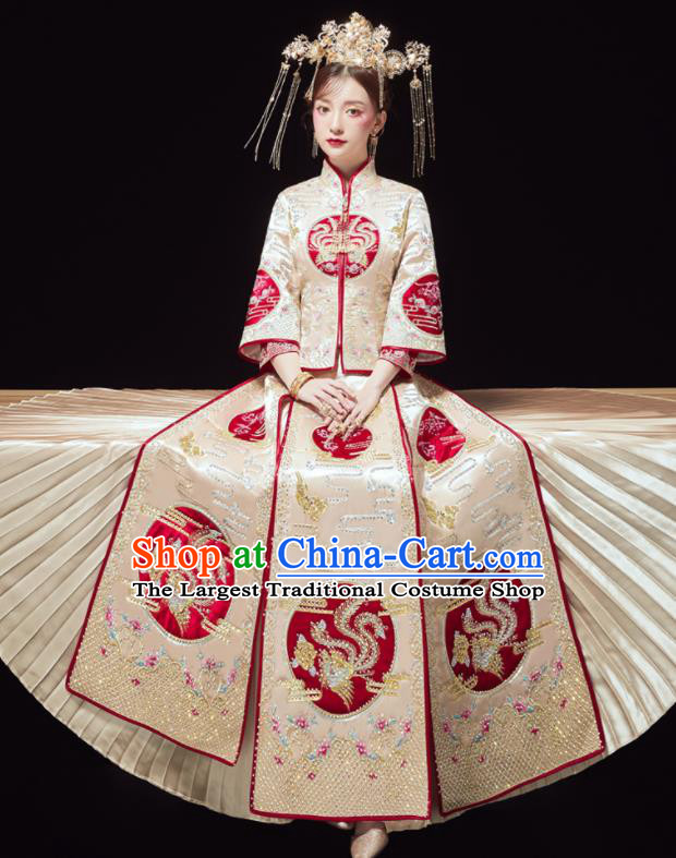 Chinese Traditional Bride Embroidered Drilling Phoenix Golden Xiu He Suit Wedding Blouse and Dress Bottom Drawer Ancient Costumes for Women