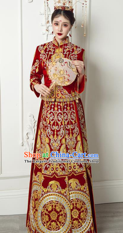 Chinese Traditional Xiu He Suit Wedding Embroidered Red Blouse and Dress Bottom Drawer Ancient Bride Costumes for Women