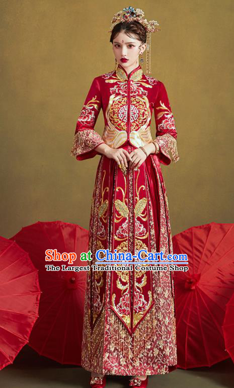 Chinese Traditional Wedding Bottom Drawer Embroidered Butterfly Peony Blouse and Dress Xiu He Suit Ancient Bride Costumes for Women