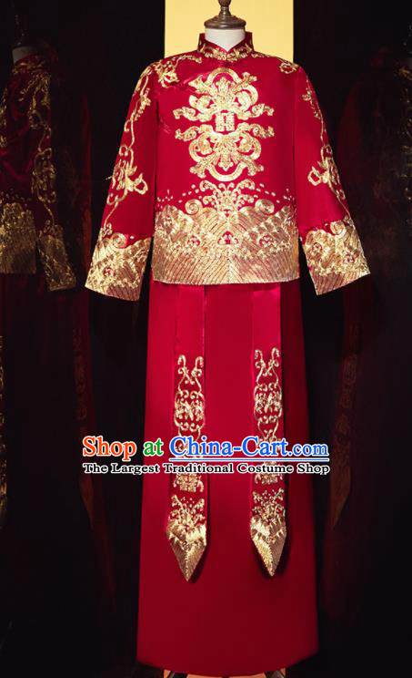 Chinese Ancient Bridegroom Embroidered Dragon Red Mandarin Jacket and Gown Traditional Wedding Tang Suit Costumes for Men