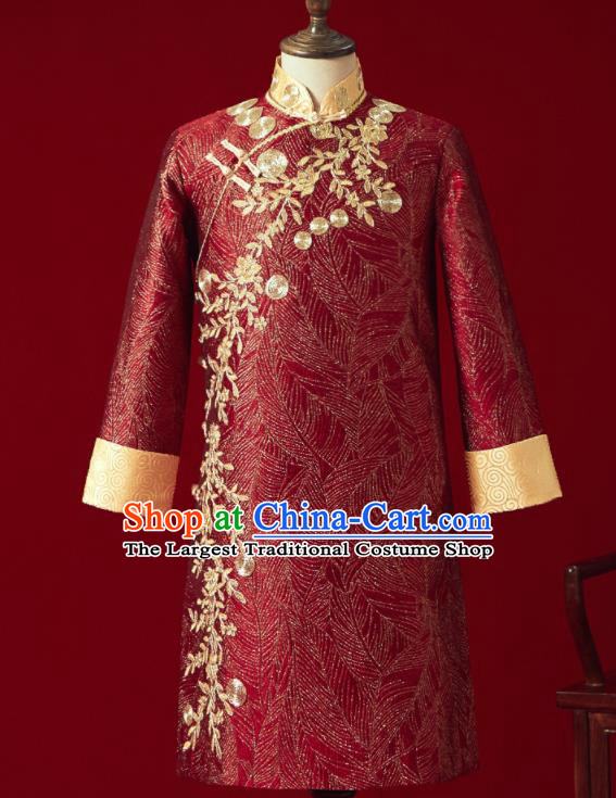 Chinese Ancient Bridegroom Embroidered Flowers Red Mandarin Jacket Traditional Wedding Tang Suit Costumes for Men