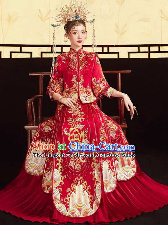 Chinese Traditional Wedding Bottom Drawer Embroidered Peony Red Blouse and Dress Xiu He Suit Ancient Bride Costumes for Women