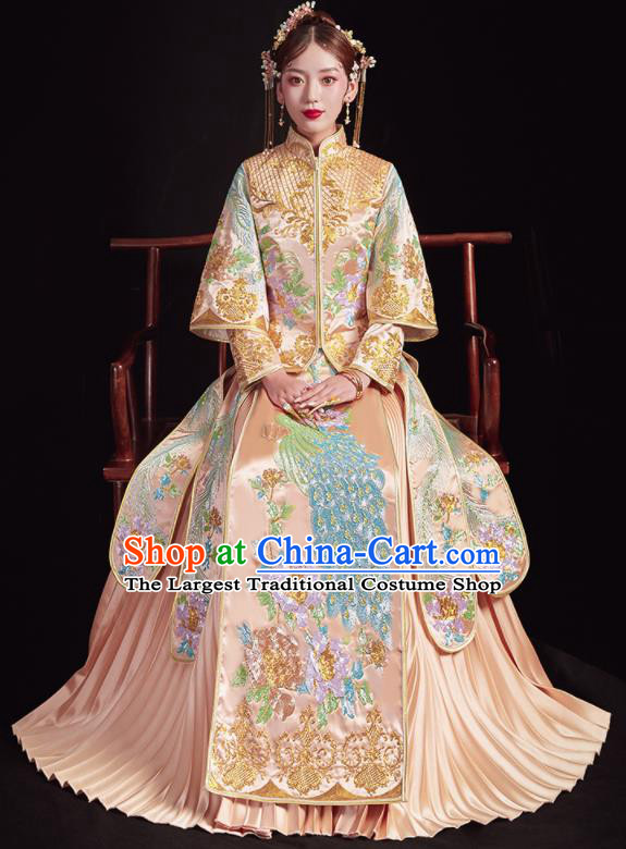 Chinese Traditional Wedding Champagne Bottom Drawer Embroidered Peacock Blouse and Dress Xiu He Suit Ancient Bride Costumes for Women