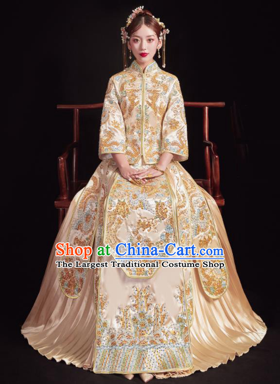 Chinese Traditional Wedding Golden Bottom Drawer Embroidered Phoenix Peony Blouse and Dress Xiu He Suit Ancient Bride Costumes for Women