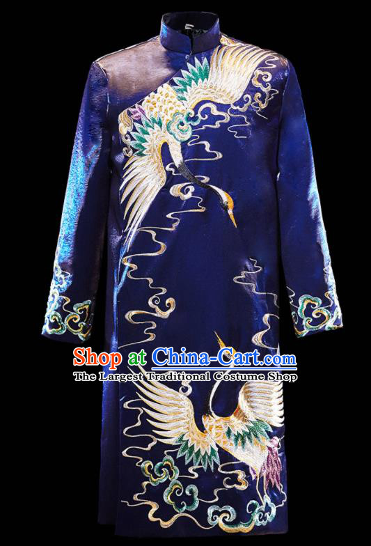 Chinese Ancient Bridegroom Embroidered Crane Royalblue Mandarin Jacket and Gown Traditional Wedding Tang Suit Costumes for Men