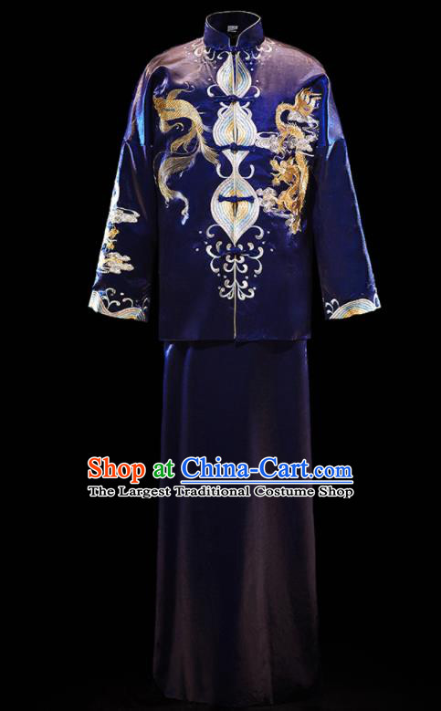 Chinese Ancient Bridegroom Embroidered Dragon Royalblue Mandarin Jacket and Gown Traditional Wedding Tang Suit Costumes for Men