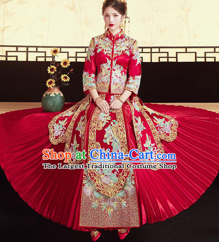 Chinese Traditional Ancient Bride Costumes Embroidered Drilling Flowers Xiu He Suit Wedding Blouse and Dress Bottom Drawer for Women