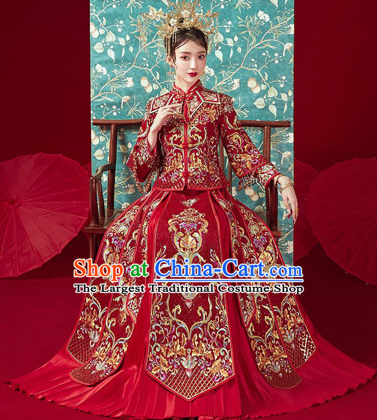 Chinese Traditional Ancient Bride Costumes Embroidered Drilling Wine Red Xiu He Suit Wedding Blouse and Dress Bottom Drawer for Women