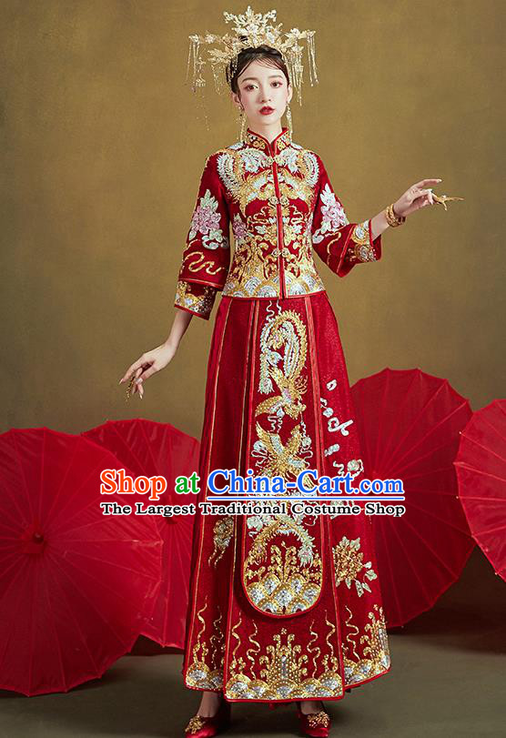 Chinese Traditional Ancient Bride Costumes Embroidered Drilling Phoenix Red Xiu He Suit Wedding Blouse and Dress Bottom Drawer for Women