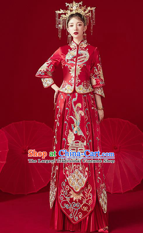 Chinese Traditional Ancient Bride Drilling Phoenix Embroidered Costumes Red Xiu He Suit Wedding Blouse and Dress Bottom Drawer for Women