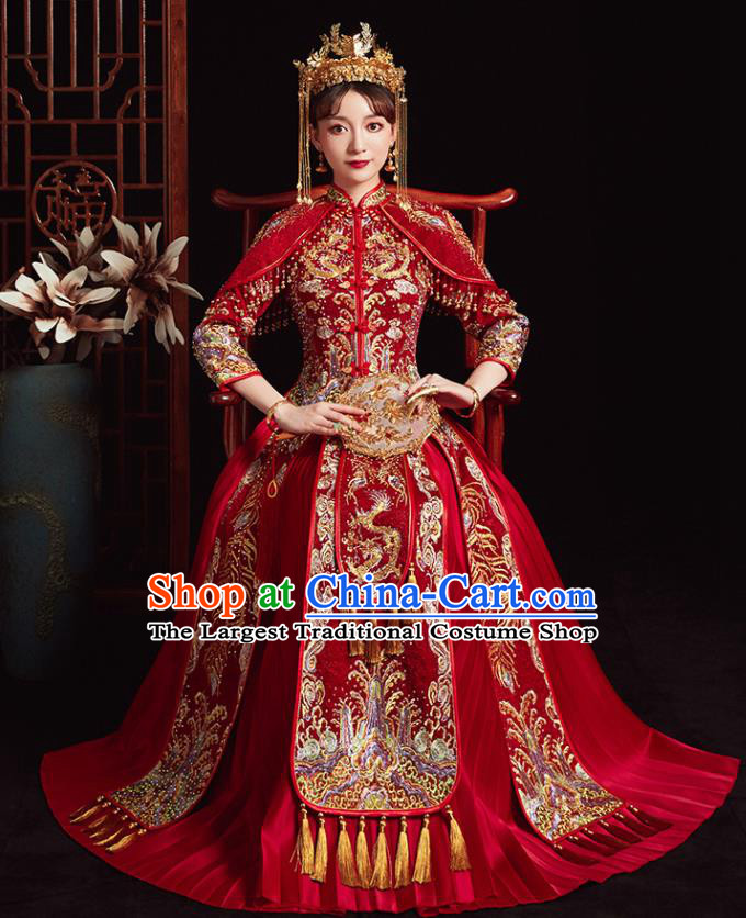 Chinese Ancient Bride Embroidered Dragon Red Costumes Diamante Xiu He Suit Wedding Blouse and Dress Traditional Bottom Drawer for Women