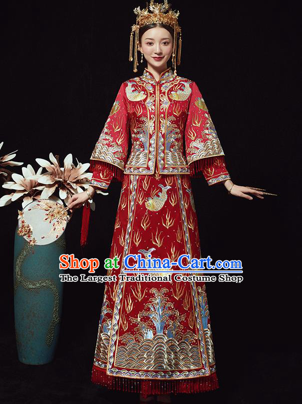 Chinese Ancient Bride Embroidered Carps Red Costumes Xiu He Suit Wedding Blouse and Dress Traditional Bottom Drawer for Women