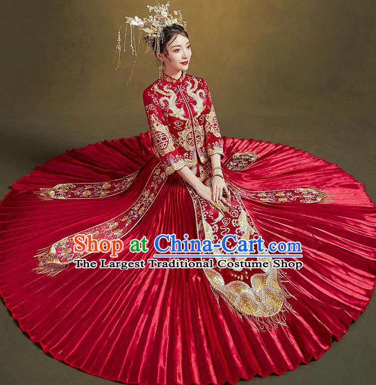 Chinese Traditional Ancient Bride Embroidered Costumes Drilling Phoenix Red Xiu He Suit Wedding Blouse and Dress Bottom Drawer for Women