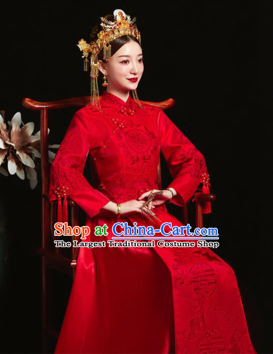 Chinese Ancient Bride Embroidered Red Costumes Xiu He Suit Wedding Blouse and Dress Traditional Bottom Drawer for Women