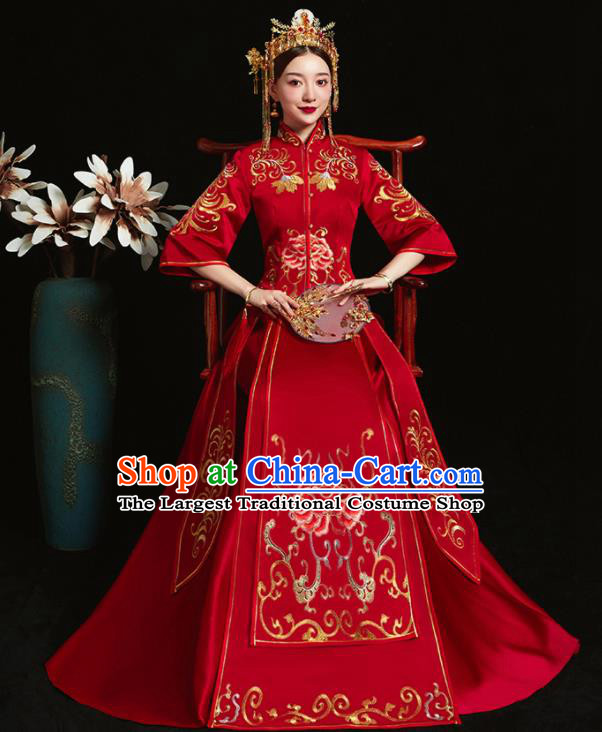 Chinese Ancient Bride Embroidered Peony Red Xiu He Suit Wedding Costumes Blouse and Dress Traditional Bottom Drawer for Women